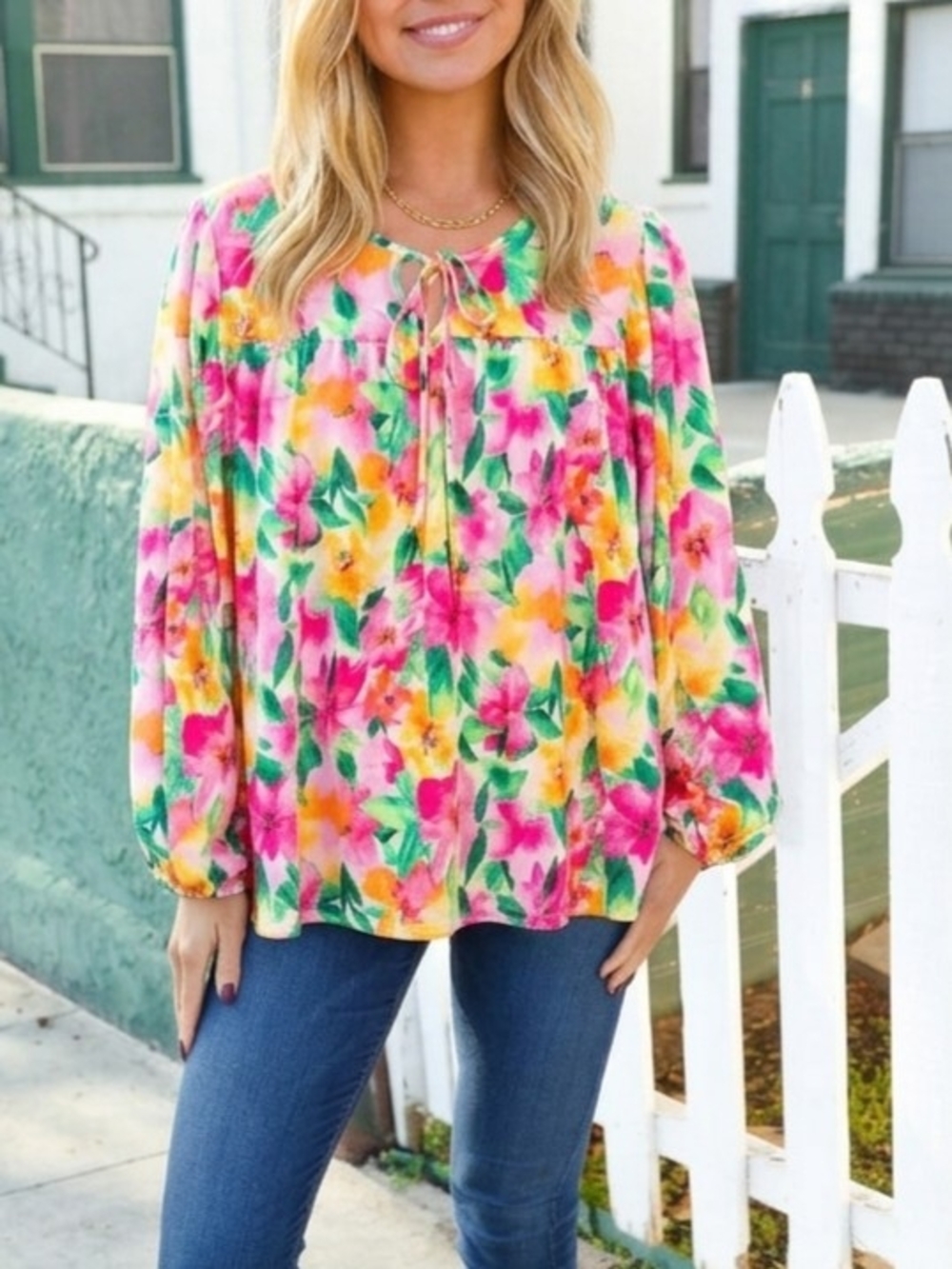 Haptics Colorful Floral Long Sleeve Blouse Relaxed Flowy Fit